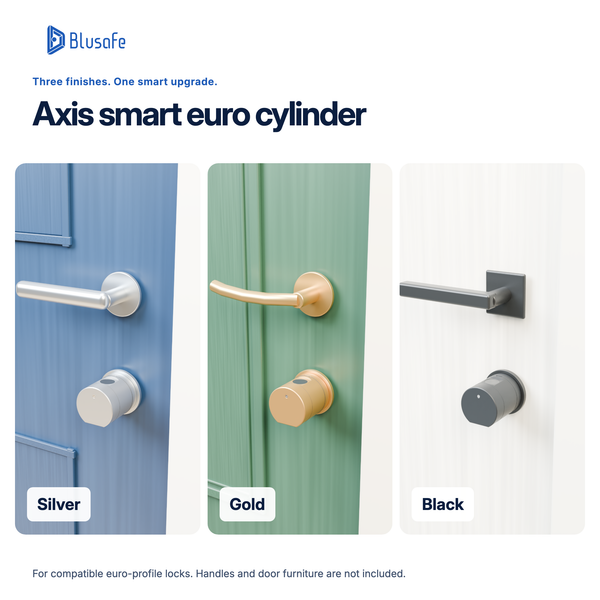 Blusafe Axis smart euro cylinder in Silver, Gold and Black installed on three different doors