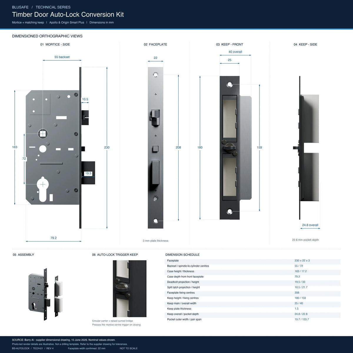 Blusafe auto-lock technical drawing: mortice, 230 by 22 mm faceplate, keep and pockets with supplier nominal dimensions