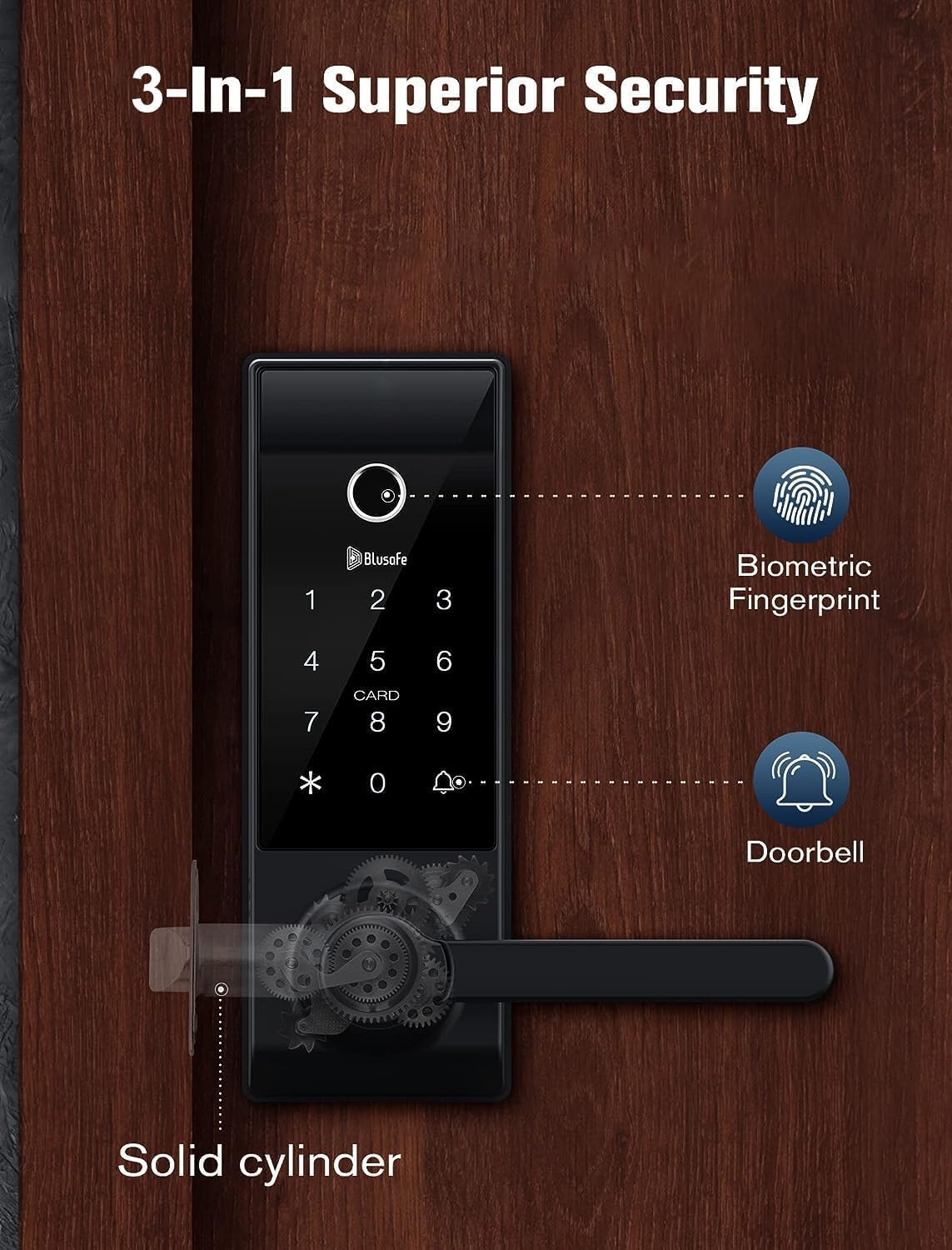 Contour Black - Smart Lock Doorbell -sormenjälki-WiFi kahvalla, sovelluksen ohjaus, kurkistuksen esto, automaattinen lukitus, IP65, säänkestävä, 3D-biometrinen etuoven mustalle