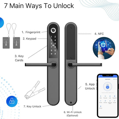 Blusafe Apollo Black - Keyless Door Handle for Home Security, Finger Print, Key Card, Keypad, App Control, Remote Lock/Unlock