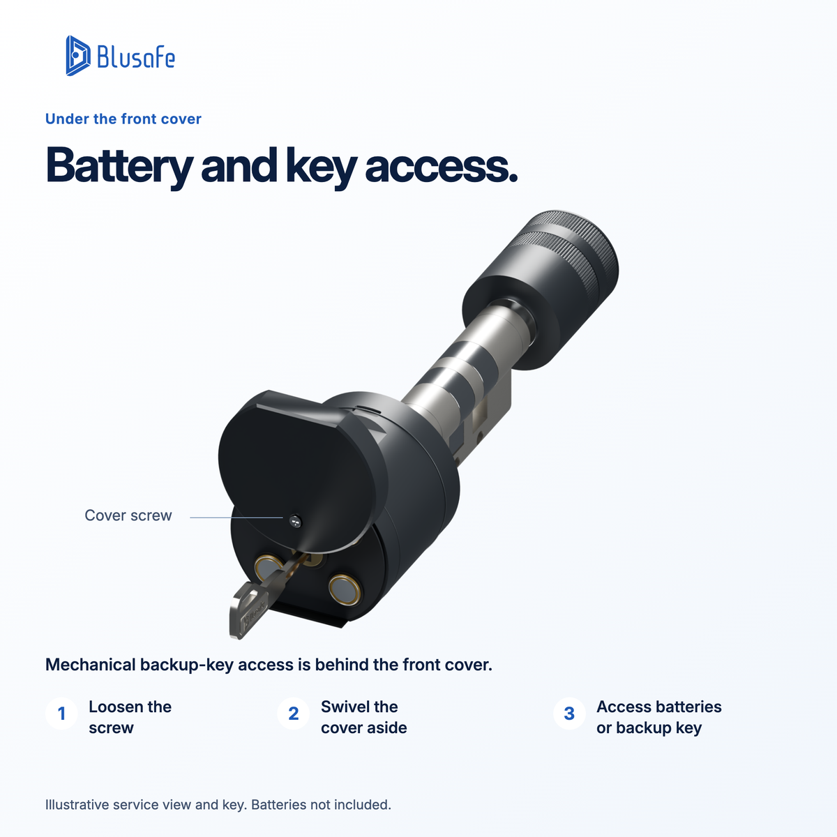 Blusafe Axis — Battery and backup-key access