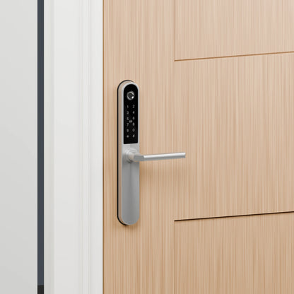 Apollo installed on a full timber door in a fitted frame; smart handle sold separately