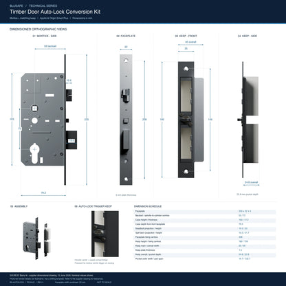Blusafe auto-lock technical drawing: mortice, 230 by 22 mm faceplate, keep and pockets with supplier nominal dimensions