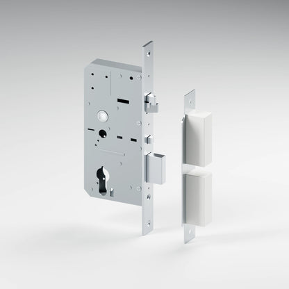 Mortice and matching keep with both white recessed pockets correctly fitted behind the plate