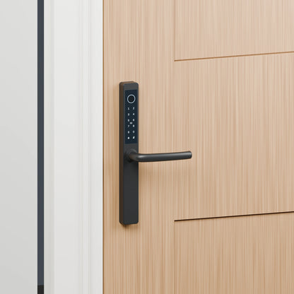 Origin Smart Plus V8 installed on a full timber door in a fitted frame; smart handle sold separately