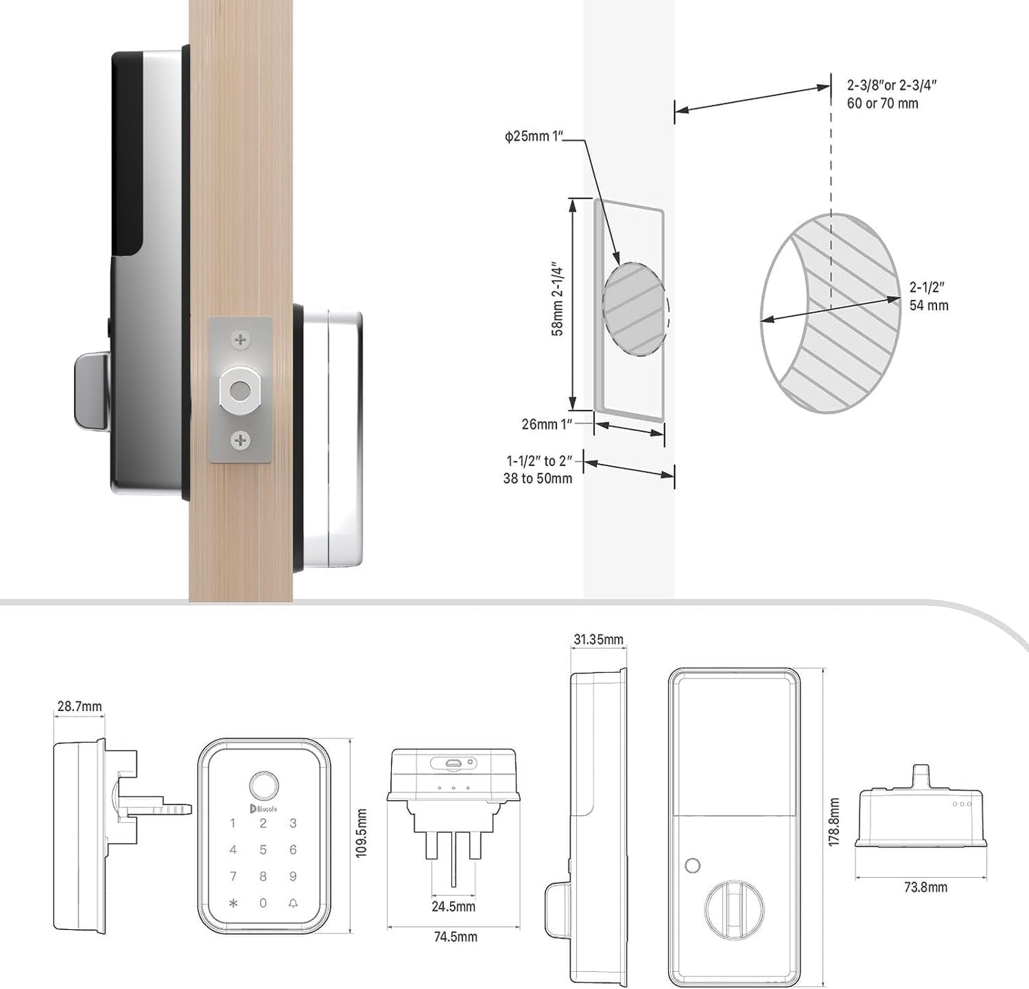 Blusafe Cloud Satin Nickel - Keyless Finger Print Smart Door Lock, Touch Keypad, Pin Code Access Lock, Internal Thumbturn Operation