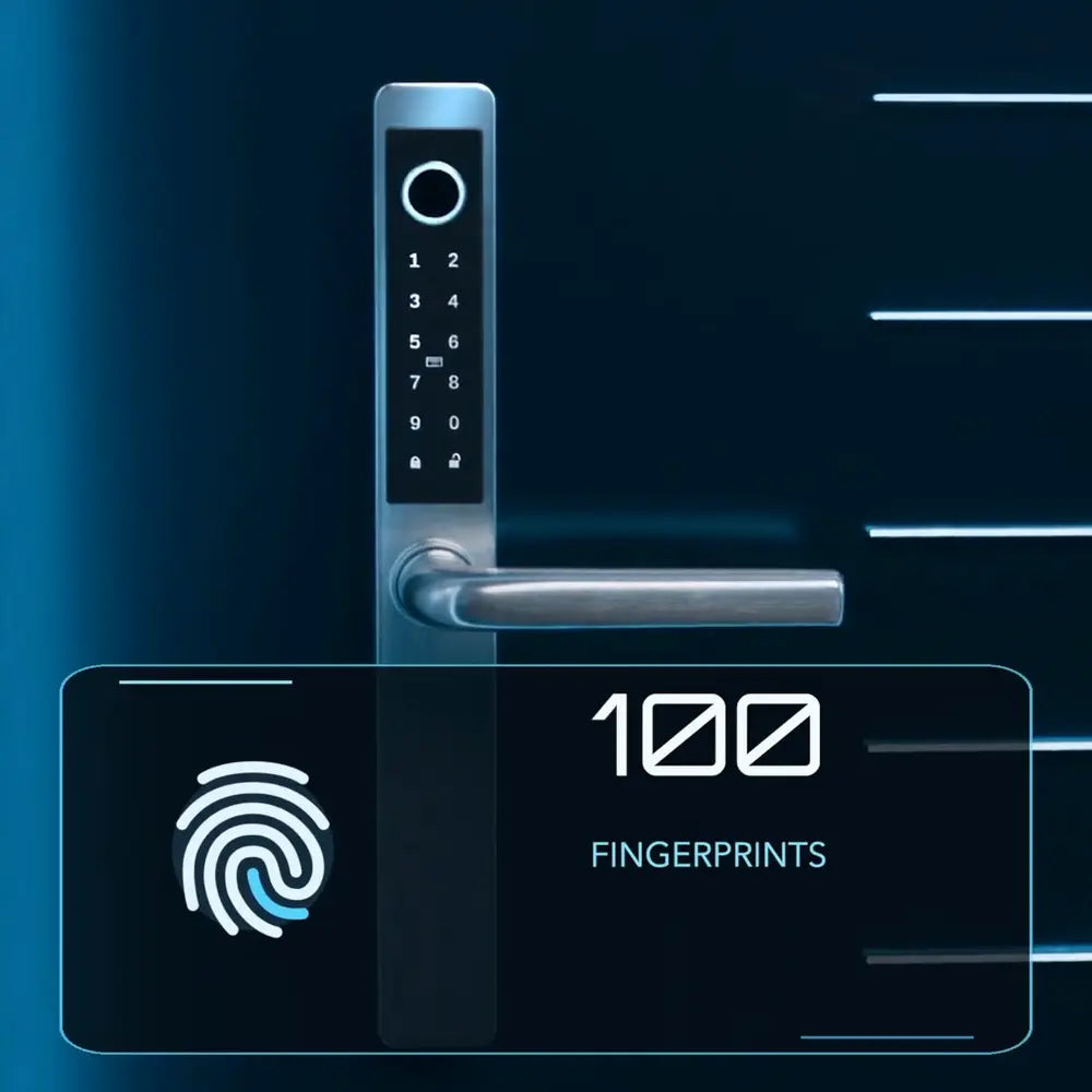 Film frame: the handle beside a card reading 100 fingerprints